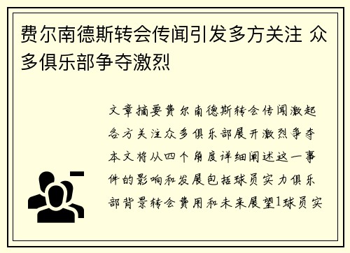 费尔南德斯转会传闻引发多方关注 众多俱乐部争夺激烈