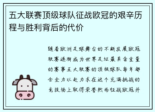 五大联赛顶级球队征战欧冠的艰辛历程与胜利背后的代价