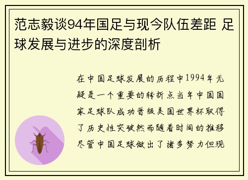 范志毅谈94年国足与现今队伍差距 足球发展与进步的深度剖析