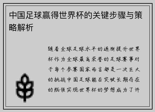 中国足球赢得世界杯的关键步骤与策略解析
