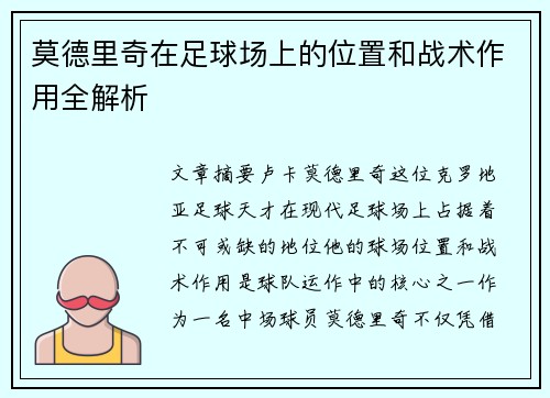 莫德里奇在足球场上的位置和战术作用全解析