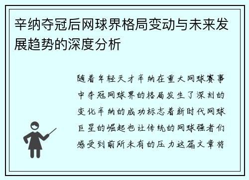 辛纳夺冠后网球界格局变动与未来发展趋势的深度分析 辛纳夺冠后网球界格局变动与未来发展趋势的深度分析