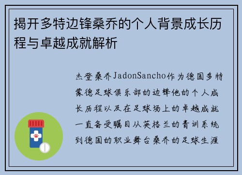 揭开多特边锋桑乔的个人背景成长历程与卓越成就解析